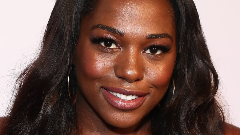 Laci Mosley, 2021 photo, close up, smiling, wearing hoop earrings