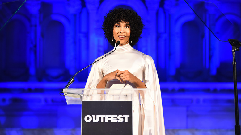 Mj Rodriguez speaking at OutFest
