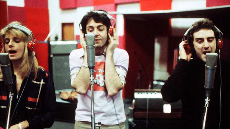 Paul McCartney, Linda McCartney and Denny Laine, all singing