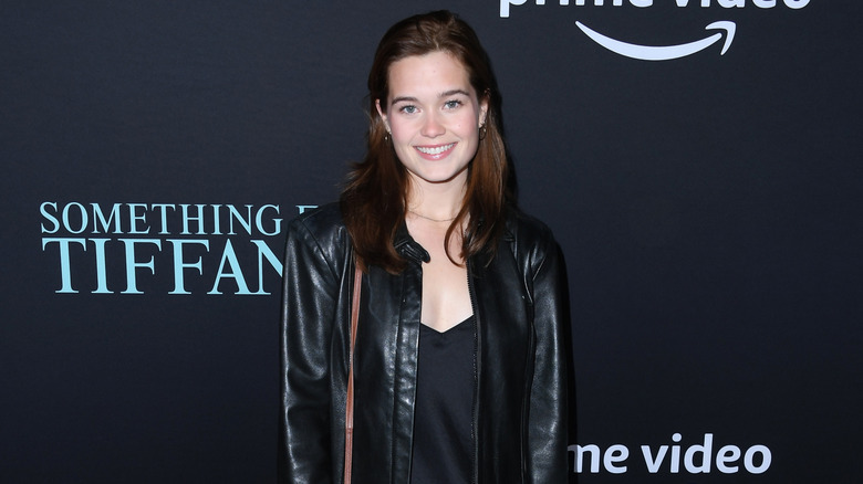 Sarah Catherine Hook wearing a leather jacket