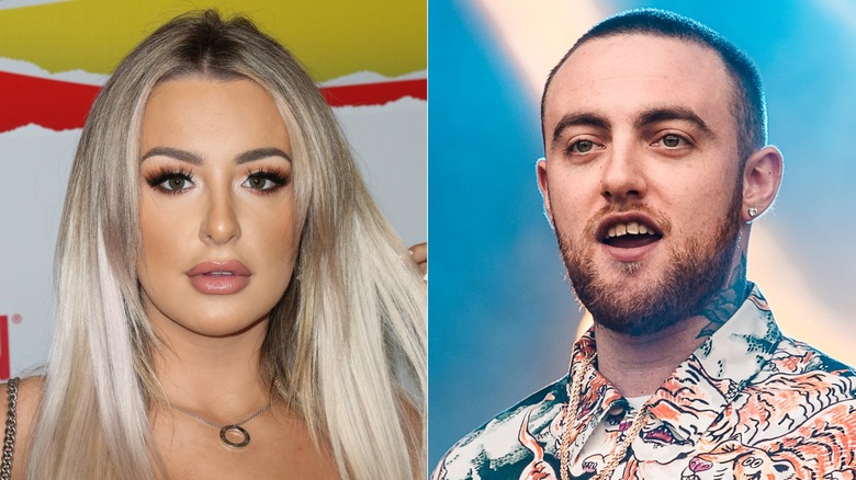 Tana Mongeau posing, and Mac Miller performing