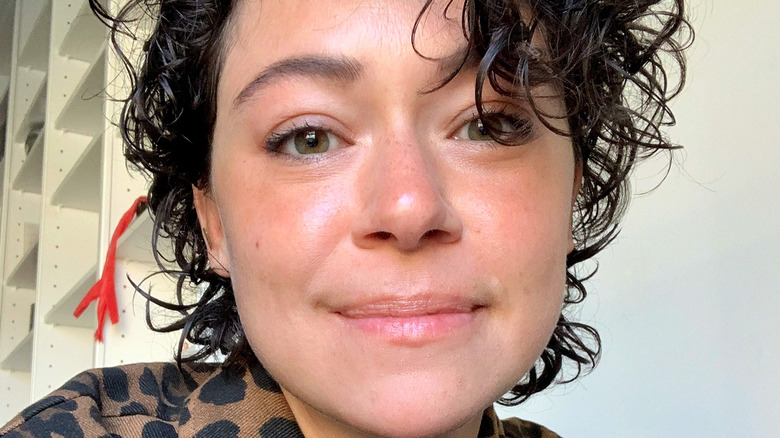 Tatiana Maslany close-up in animal print shirt