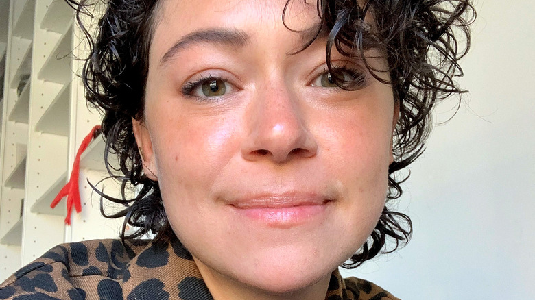 Tatiana Maslany close-up in animal print shirt