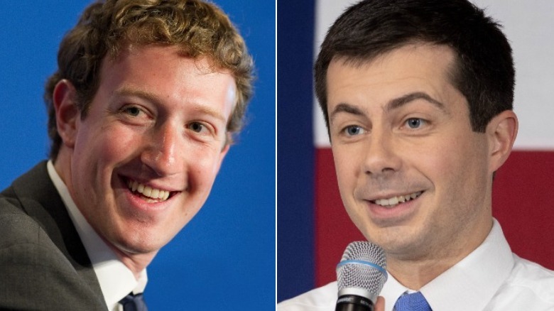 Mark Zuckerberg smiling, Pete Buttigieg speaking