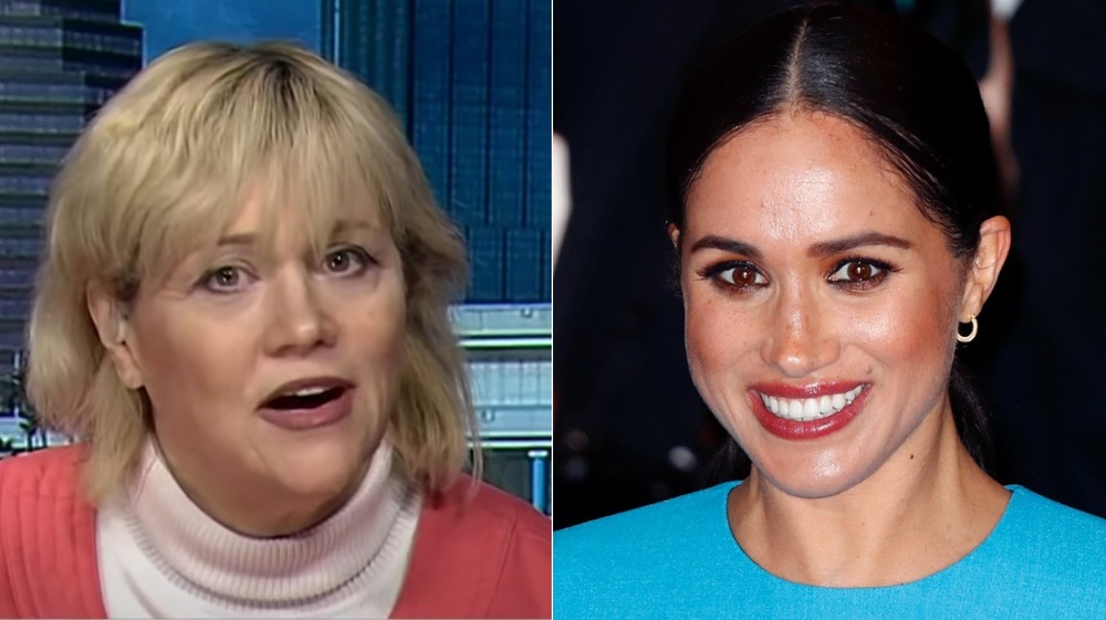 Split image of Samantha Markle talking and Meghan Markle smiling