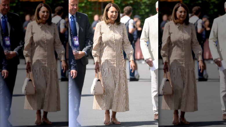 Carole Middleton wearing a striped shirt dress at Wimbledon 2025