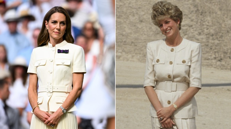 Split image of Kate Middleton and Princess Diana wearing similar cream dresses at Wimbledon and in Egypt