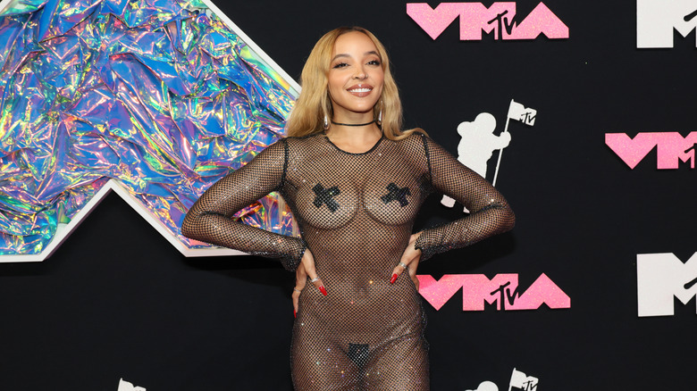 Tinashe smiling with her hands on her hips while wearing a see-through mesh bodysuit.