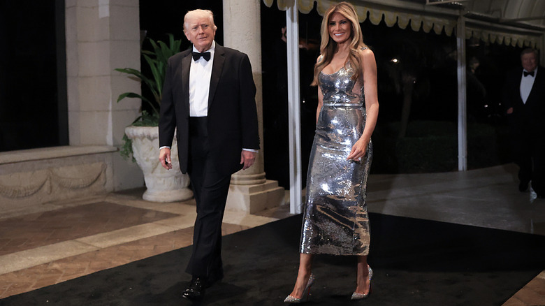Donald and Melania Trump arriving at the 2025 Mar-a-Lago New Year's Eve party.