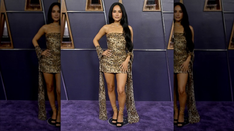 Becky G wearing a leopard-print tube dress at the AMAs