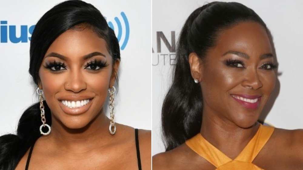 Porsha Williams smiling (left), Kenya Moore smiling (right)