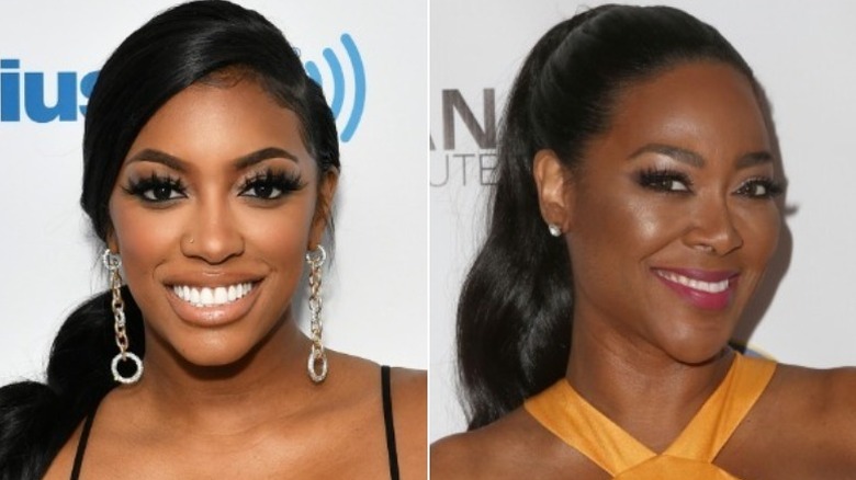 Porsha Williams smiling (left), Kenya Moore smiling (right)