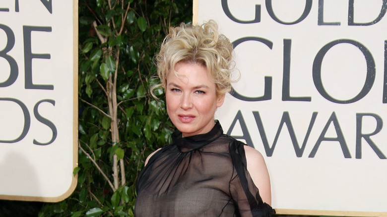 Renee Zellwegger wearing a sheer black gown with embellished shoulders and a nude corset underneath