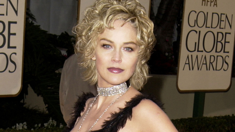 Sharon Stone wearing a black sheer dress with feathered straps and sparkling necklace and choker
