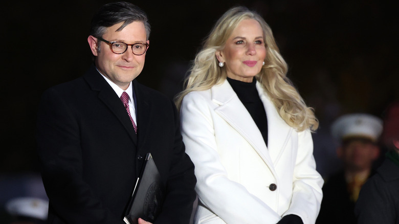 Speaker of the House Mike Johnson (R-LA) (L) and his wife Kelly Johnson attend the lighting of the U.S. Capitol Christmas Tree on the West Front of the U.S. Capitol on November 28, 2023.