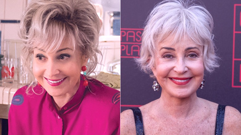 Meemaw smiling while sitting at the kitchen table in Young Sheldon and Annie Potts smiling in a black top in 2024