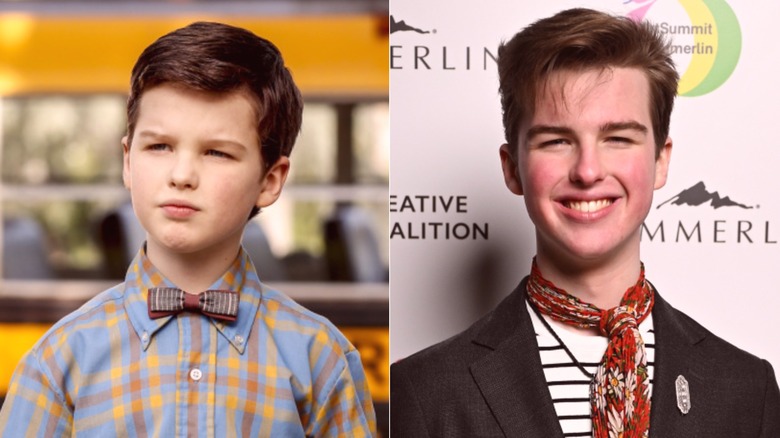 Sheldon Cooper wearing a bowtie in Young Sheldon and Iain Armitage smiling for photographers in 2025