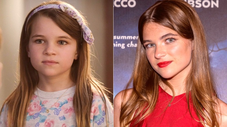 Missy Cooper standing in her kitchen in Young Sheldon and Raegan Revord posing in a red dress in 2024