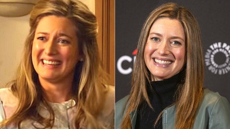 Mary Cooper smiling in her kitchen in Young Sheldon and Zoe Perry smiling for photographers in 2024