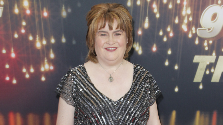 Susan Boyle wearing a black and silver sequined dress on "America's Got Talent."