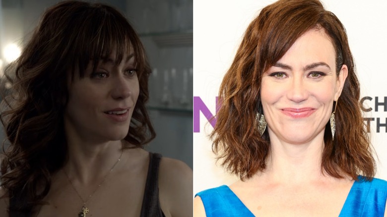 Maggie Siff in Sons of Anarchy and at a 2020s NYU Tisch School of the Arts gala