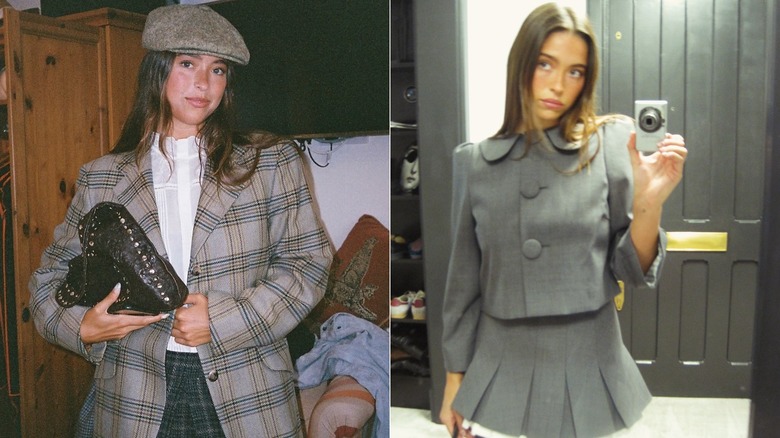 Split image of Lola Consuelos holding a purse under her arm, taking a mirror selfie.