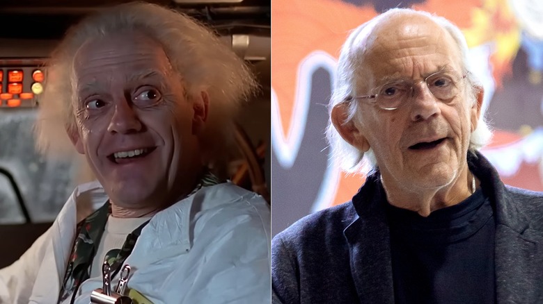 Christopher Lloyd as Doc Brown in 1985 and at a 2025 convention in a split image