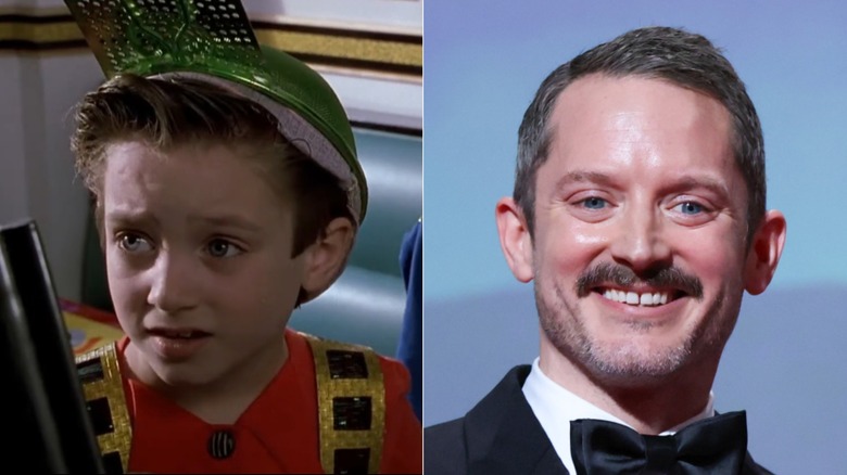 Elijah Wood in 1989's Back to the Future II and at the Cannes Film Festival in 2026 in a split image
