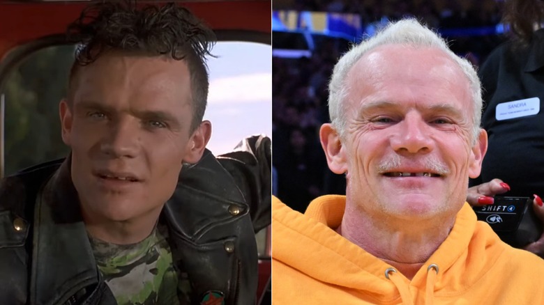 Flea in 1990's Back to the Future III and at a 2025 LA Lakers game in a split image