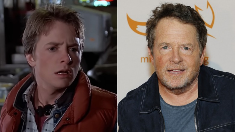 Michael J Fox as Marty McFly in 1985 and at a 2026 event in a split image