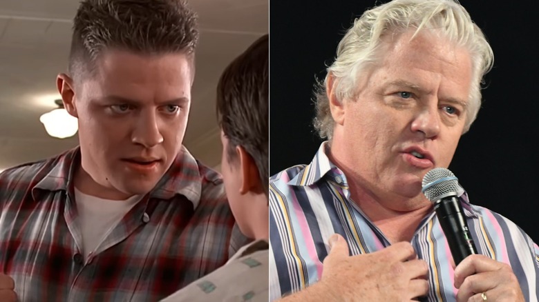 A split image of Thomas F Wilson in Back to the Future and at Osaka Comic Con in the 2020s