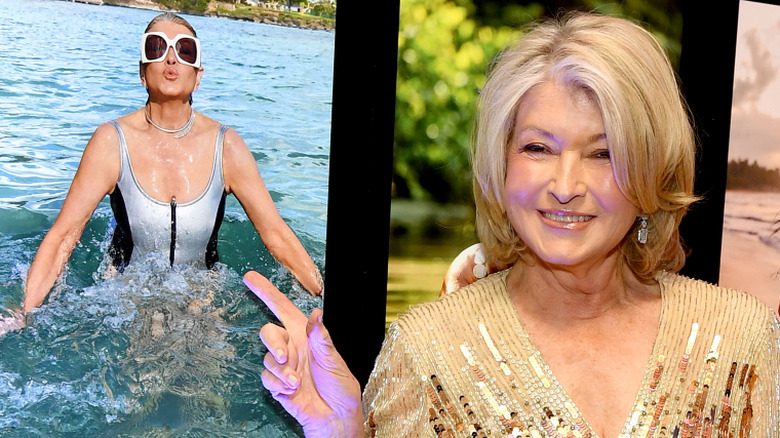 Martha Stewart pointing at one of her Sports Illustrated pictures.