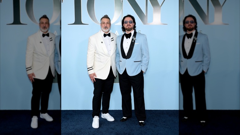 Joey Fatone and JC Chasez wearing white and blue tuxes, respectively, at the 2026 Tony Awards.
