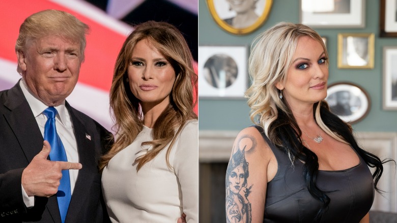 Donald Trump pointing at Melania Trump, Stormy Daniels at the Cambridge Union