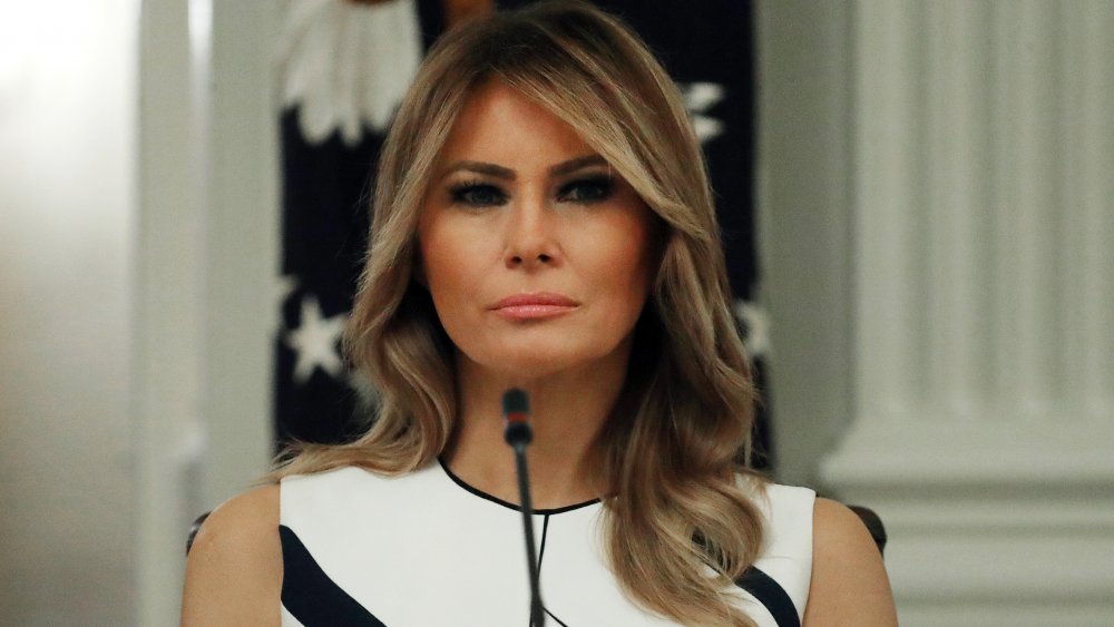 Melania Trump in a white-and-black dress