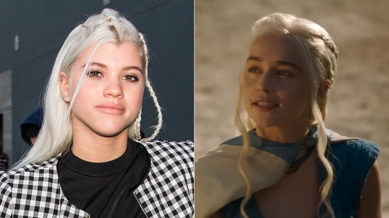 Split image of Sofia Richie, left, and Emilia Clarke in a scene from Game of Thrones, right