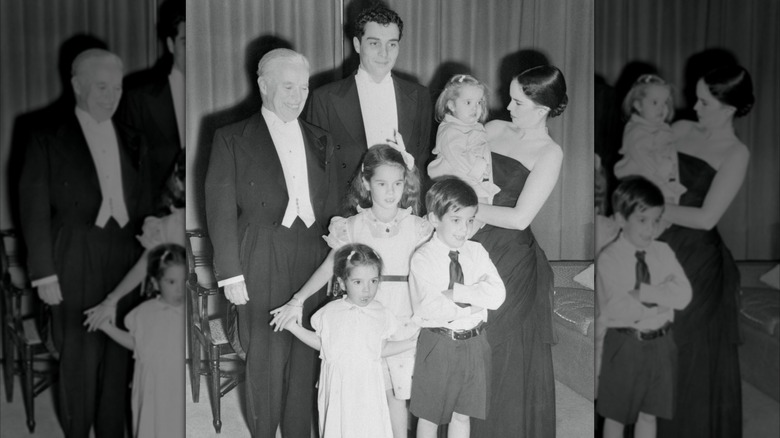 Charlie and Oona Chaplin with their children and Charlie's son from a previous marriage, Sydney Chaplin
