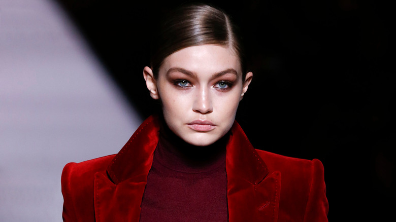 Gigi Hadi runway red jacket