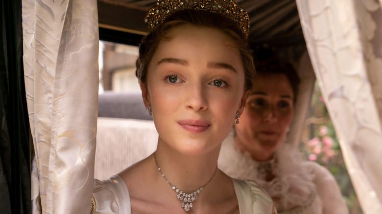 Phoebe Dynevor on the set of "Bridgerton"