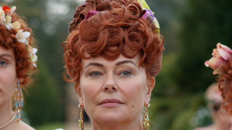 Polly Walker on the set of "Bridgerton"