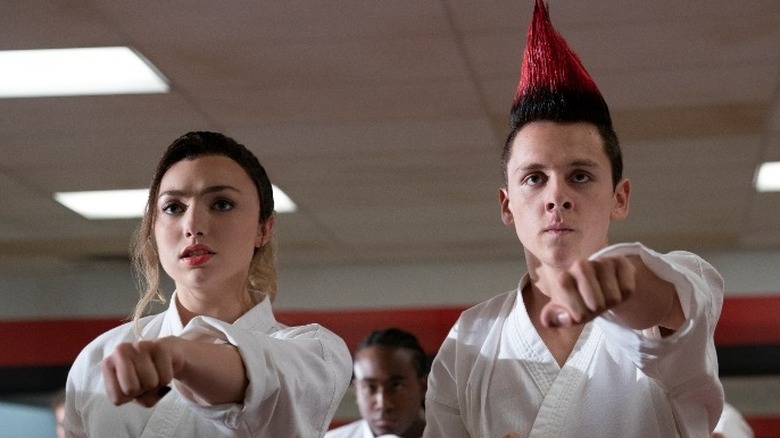 Peyton List and Jacob Bertrand film 'Cobra Kai'