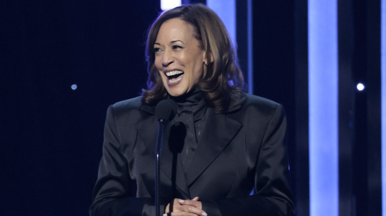 Kamala Harris wearing a silk suit at the NAACP Awards.