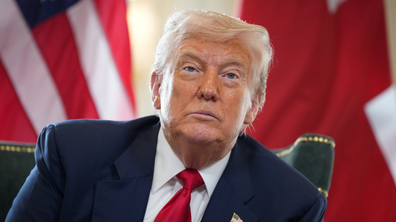 Donald Trump in front of a flag