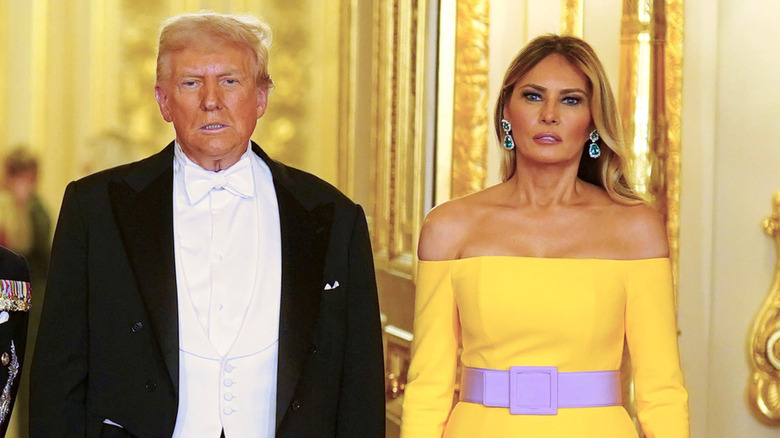 Donald Trump and First Lady Melania Trump arrive for the State Banquet hosted by King Charles III and members of the Royal Family at Windsor Castle in September 2025.