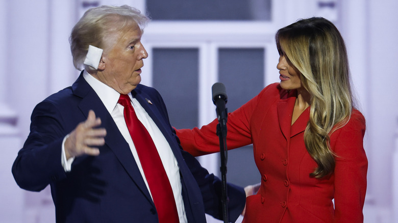 Donald Trump pretends to be surprised at Melania on stage at the 2024 RNC.