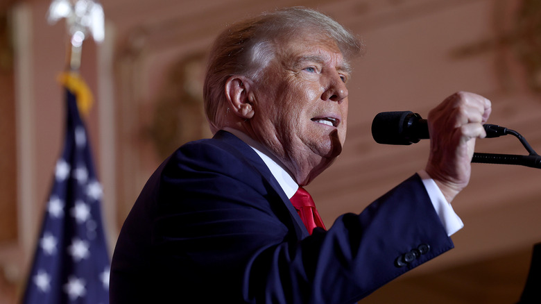 Former U.S. President Donald Trump speaking during an event at his Mar-a-Lago home