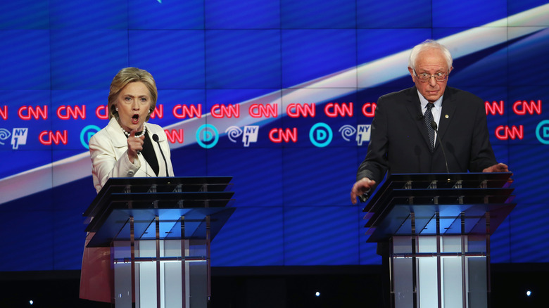 Hillary Clinton and Bernie Sanders during the CNN Democratic Presidential Primary Debate in April 2016.