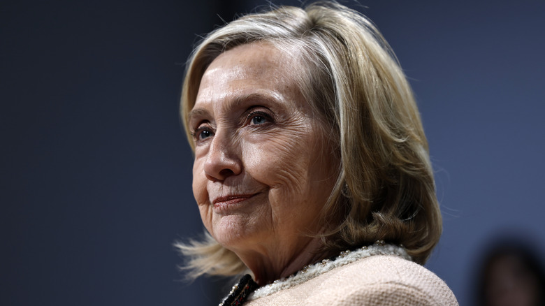 Hillary Clinton looks on in February 2026.