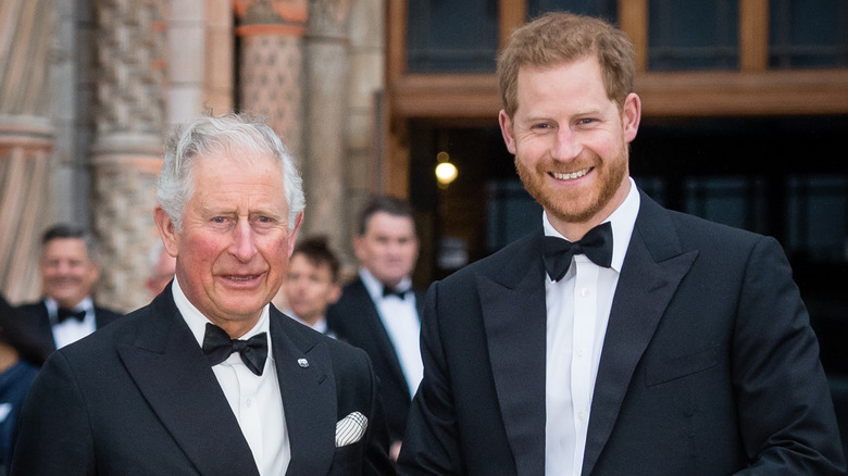 King Charles and Prince Harry wearing tuxedos