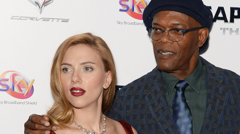 Scarlett Johansson with Samuel L. Jackson on the red carpet